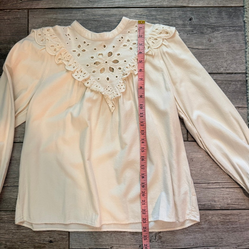 Madewell Cream Eyelet Yoke Ruffle Long Sleeve Blouse Small Ivory Cotton Viscose - Picture 9 of 10